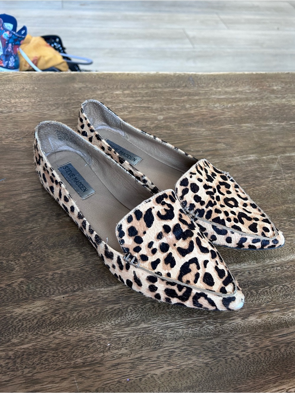 Steve Madden Feather Leopard Calf Hair Pointed Toe Loafers Slip On Flats Casual